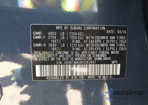 2024 Subaru Outback Limited z USA, uszkodzony, nr VIN 4S4BTAMC6R3263997